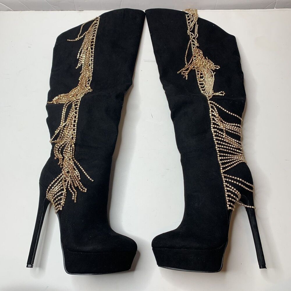 Shoedazzle Cha-Ching Black Faux Suede Knee High Platform boots